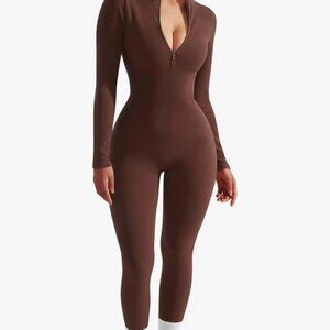 SUUKSESS Women Long Sleeve Ribbed Jumpsuit Zip up Front Workout Bodycon Romper